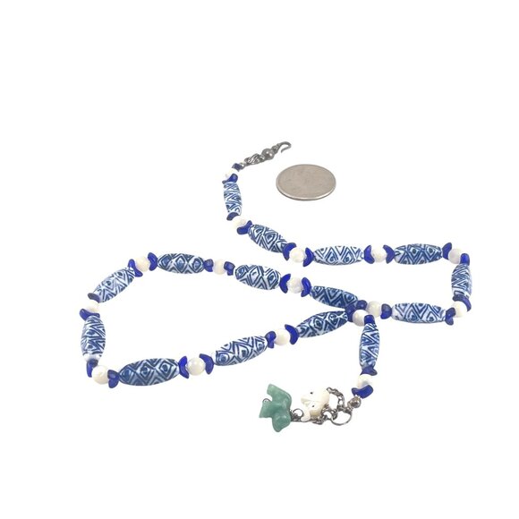 Handcrafted Blue & White Beaded Necklace With Jade Elephant Charm - Picture 3 of 11